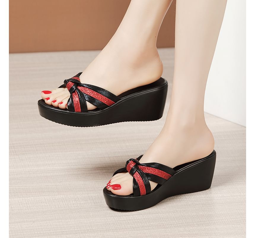 Striped Wedge Platform Slide Sandals