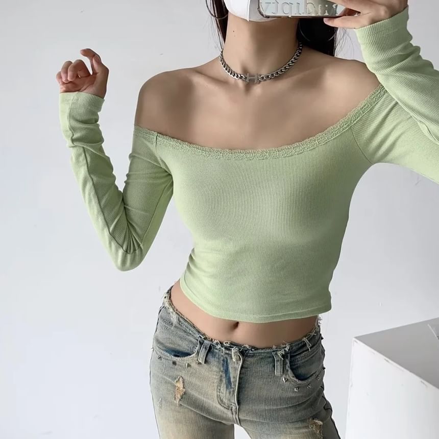 Off-Shoulder Slim-Fit Crop Top with Lace Trim