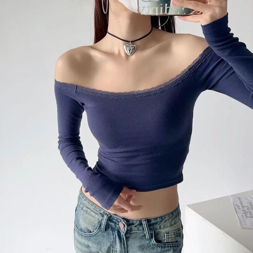 Off-Shoulder Slim-Fit Crop Top with Lace Trim