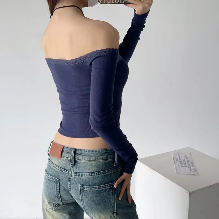 Off-Shoulder Slim-Fit Crop Top with Lace Trim
