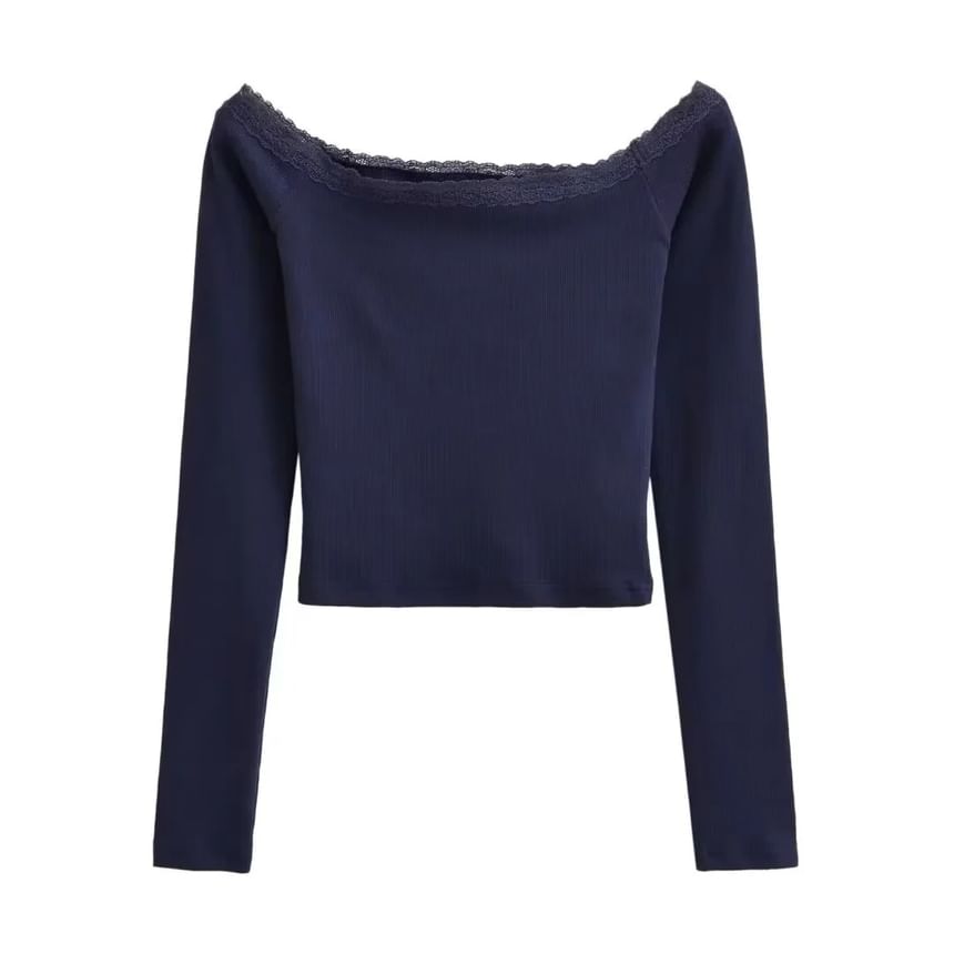 Off-Shoulder Slim-Fit Crop Top with Lace Trim