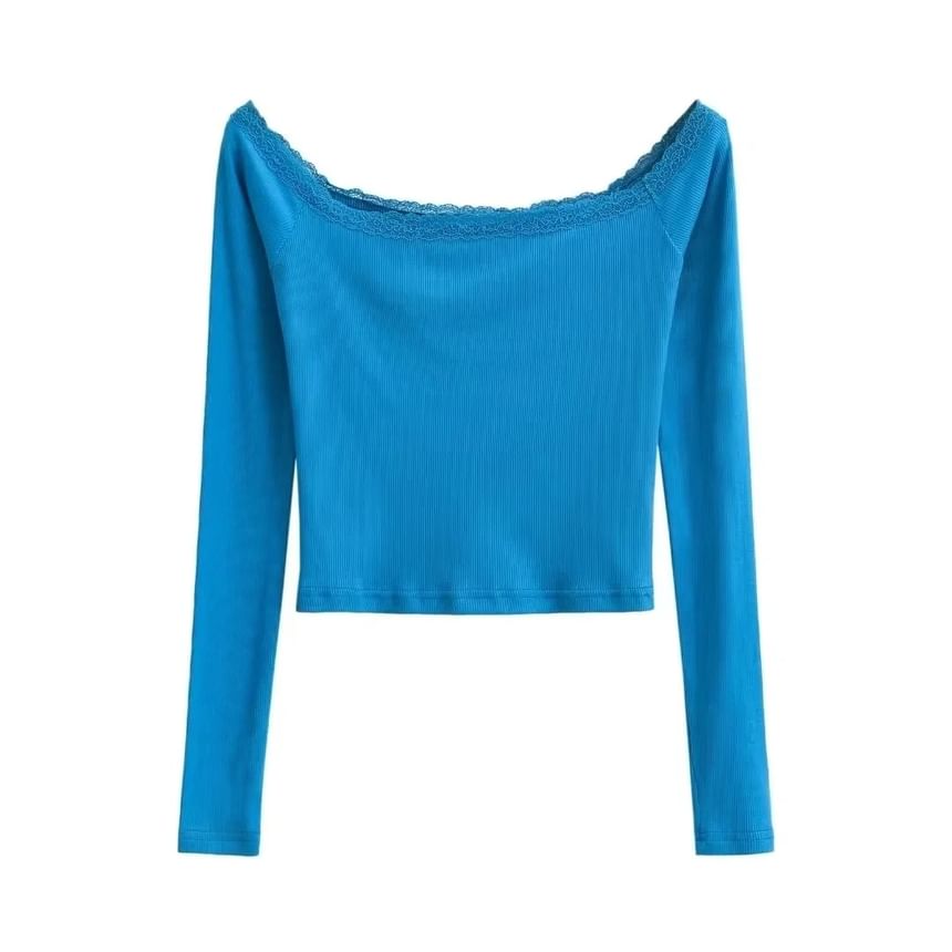 Off-Shoulder Slim-Fit Crop Top with Lace Trim