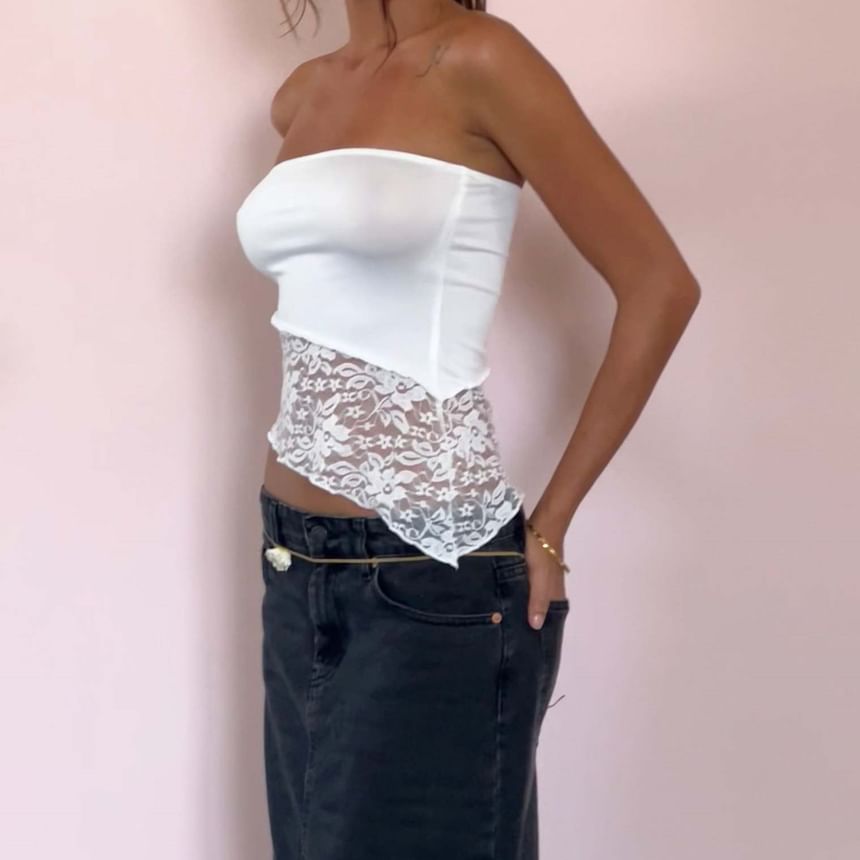 Asymmetrical Lace-Panel Tube Top