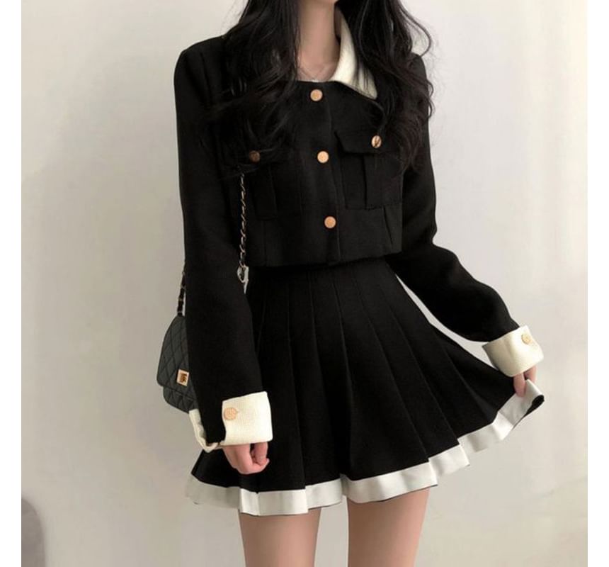 Contrast Collar Crop Jacket and Pleated Mini Skirt Set