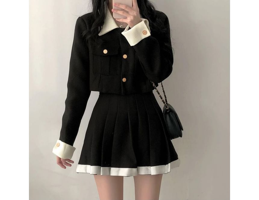 Contrast Collar Crop Jacket and Pleated Mini Skirt Set