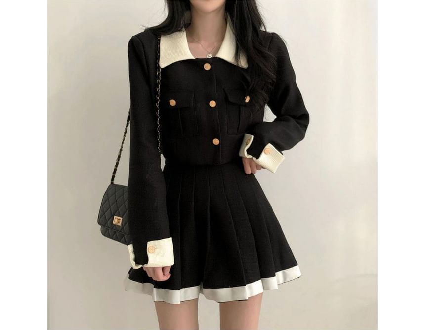 Contrast Collar Crop Jacket and Pleated Mini Skirt Set