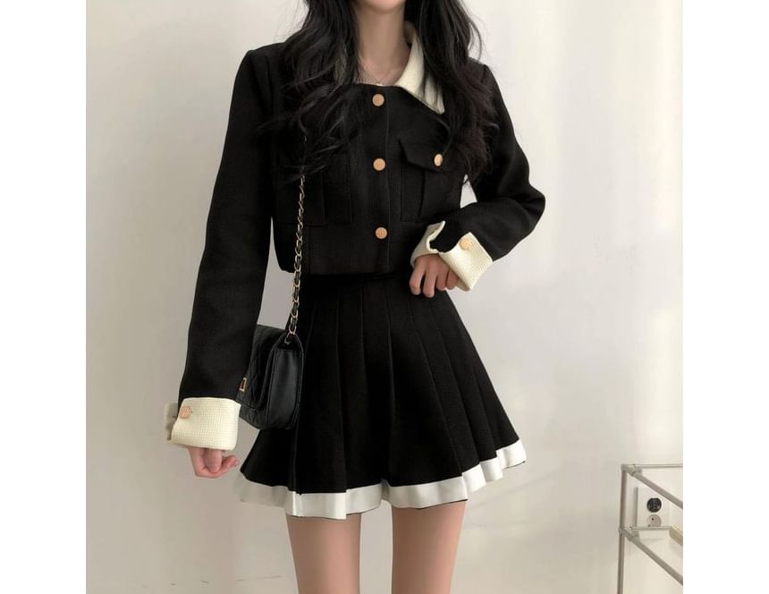 Contrast Collar Crop Jacket and Pleated Mini Skirt Set