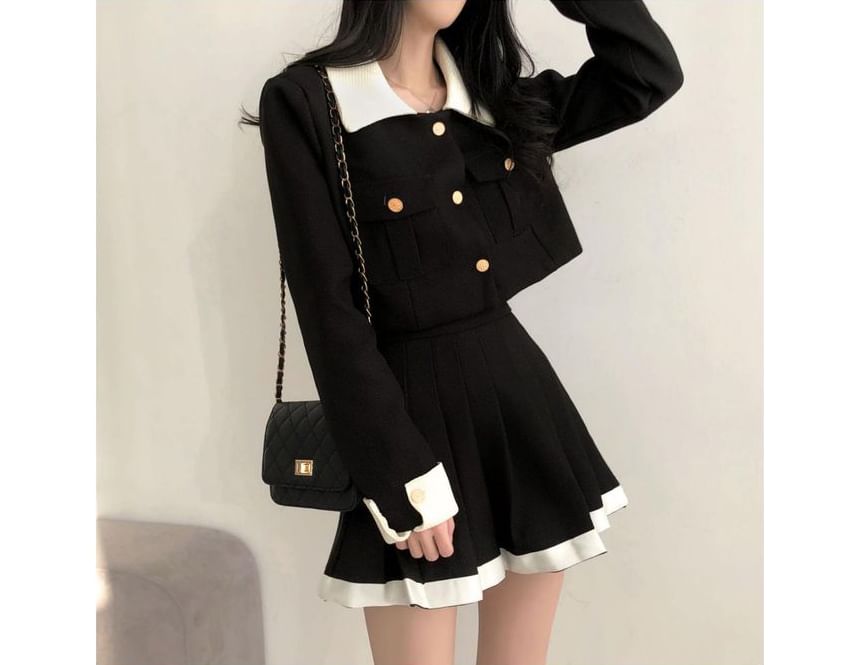 Contrast Collar Crop Jacket and Pleated Mini Skirt Set