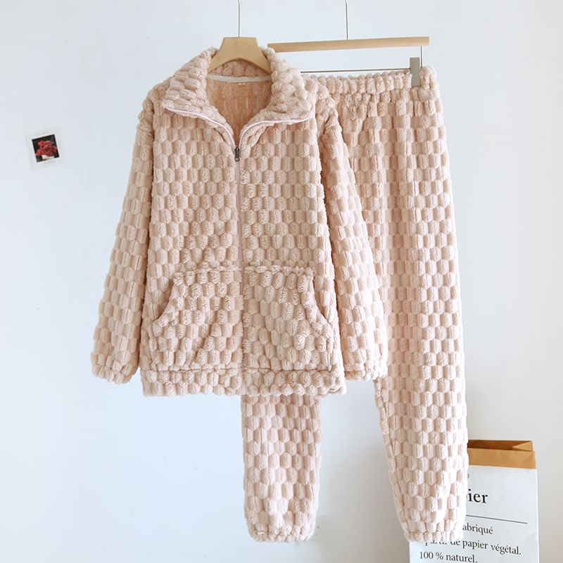 Couple Matching Pajama Set: Long-Sleeve Plain Fleece Top + Pants