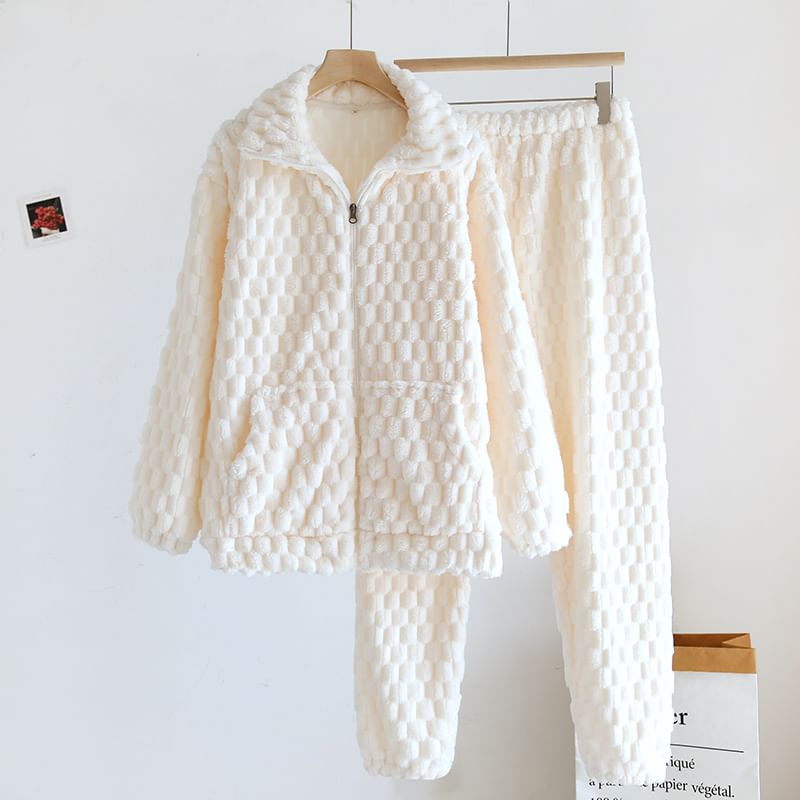 Couple Matching Pajama Set: Long-Sleeve Plain Fleece Top + Pants