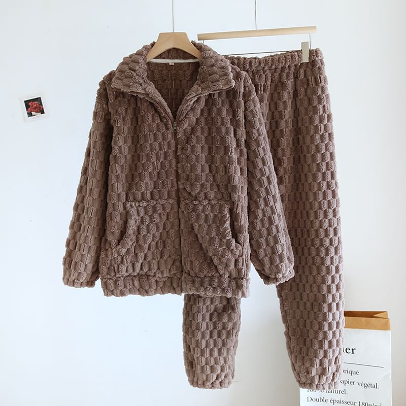 Couple Matching Pajama Set: Long-Sleeve Plain Fleece Top + Pants