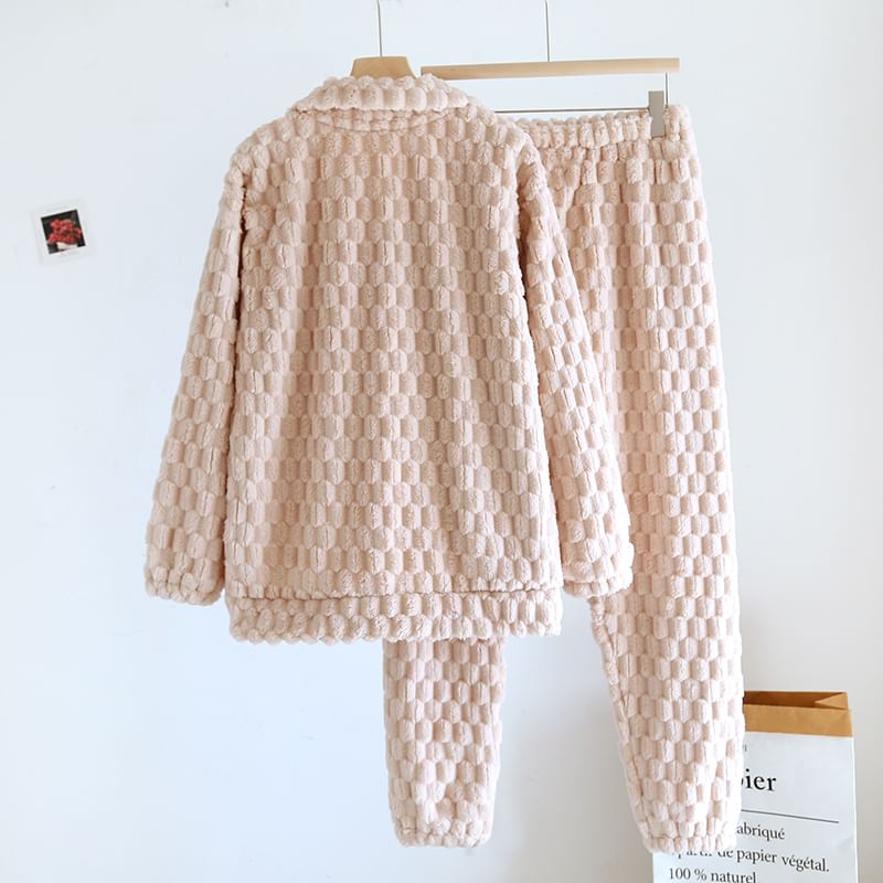 Couple Matching Pajama Set: Long-Sleeve Plain Fleece Top + Pants