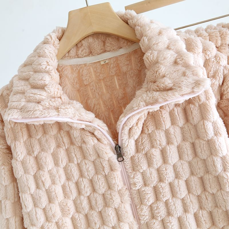 Couple Matching Pajama Set: Long-Sleeve Plain Fleece Top + Pants