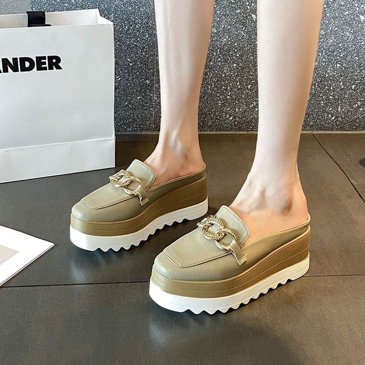 Chain Detail Loafer Platform Mules