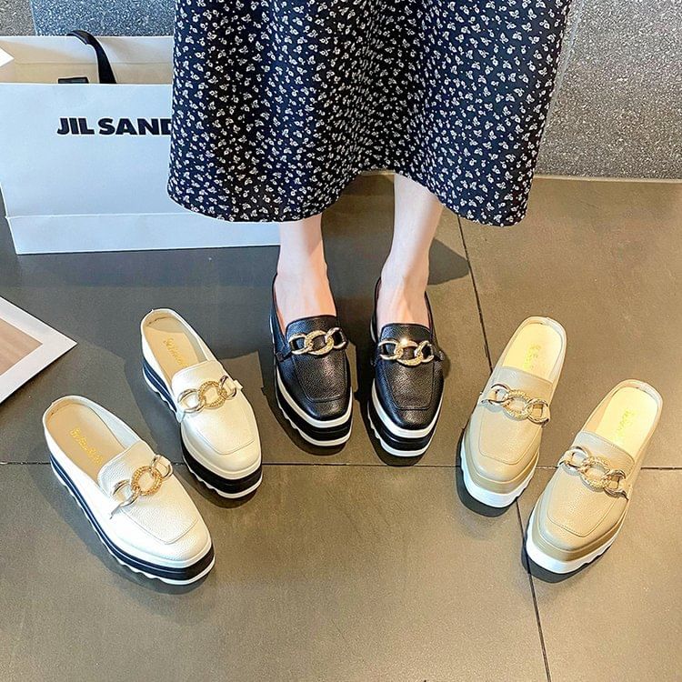 Chain Detail Loafer Platform Mules