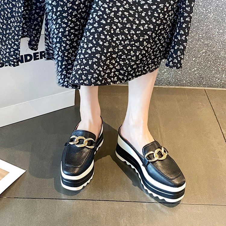 Chain Detail Loafer Platform Mules