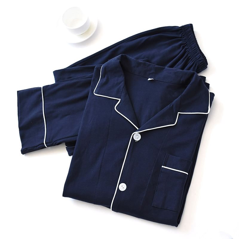 Couple Matching Pajama Set: Long-Sleeve Collar Contrast Trim Button Top + Pants