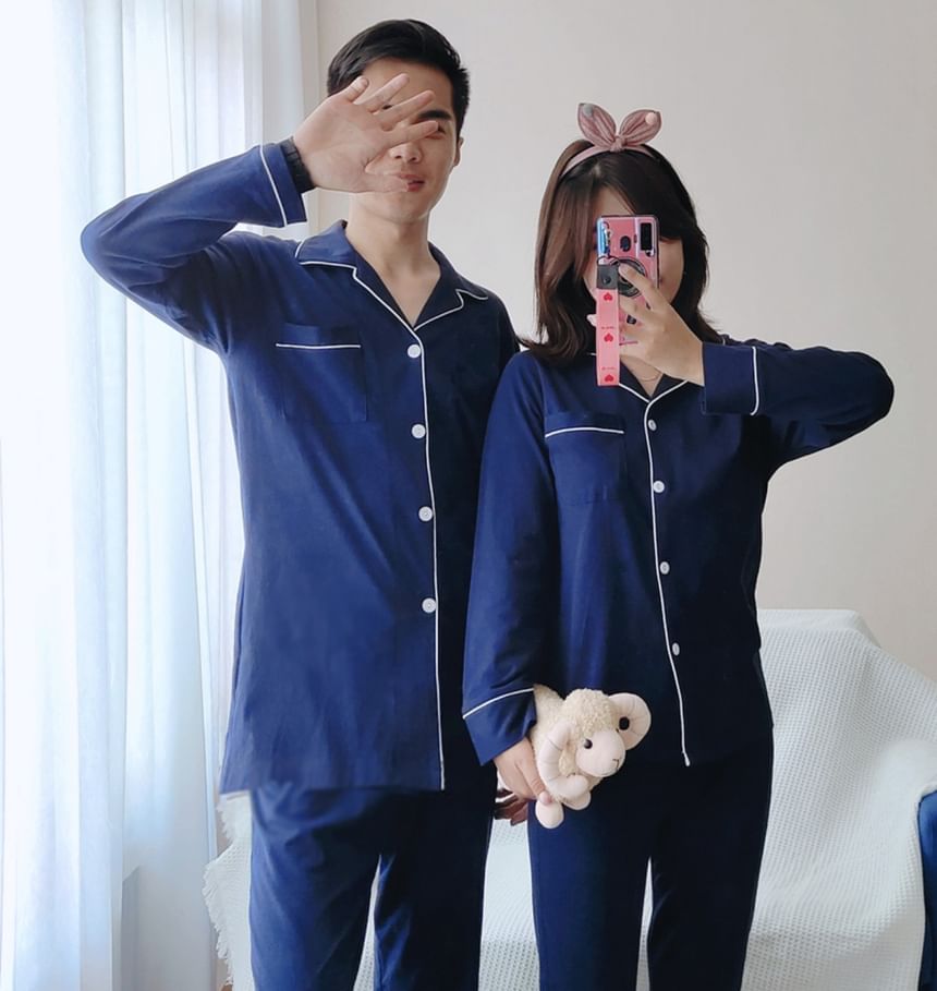 Couple Matching Pajama Set: Long-Sleeve Collar Contrast Trim Button Top + Pants