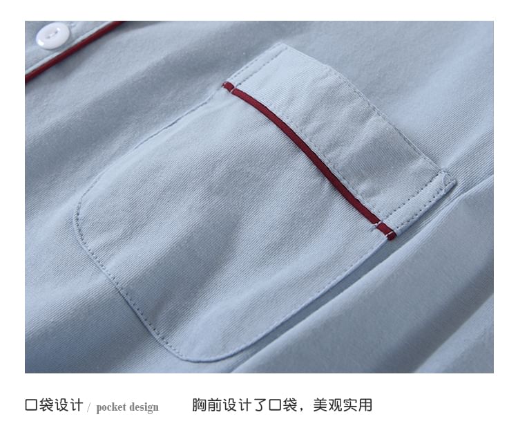 Couple Matching Pajama Set: Long-Sleeve Collar Contrast Trim Button Top + Pants