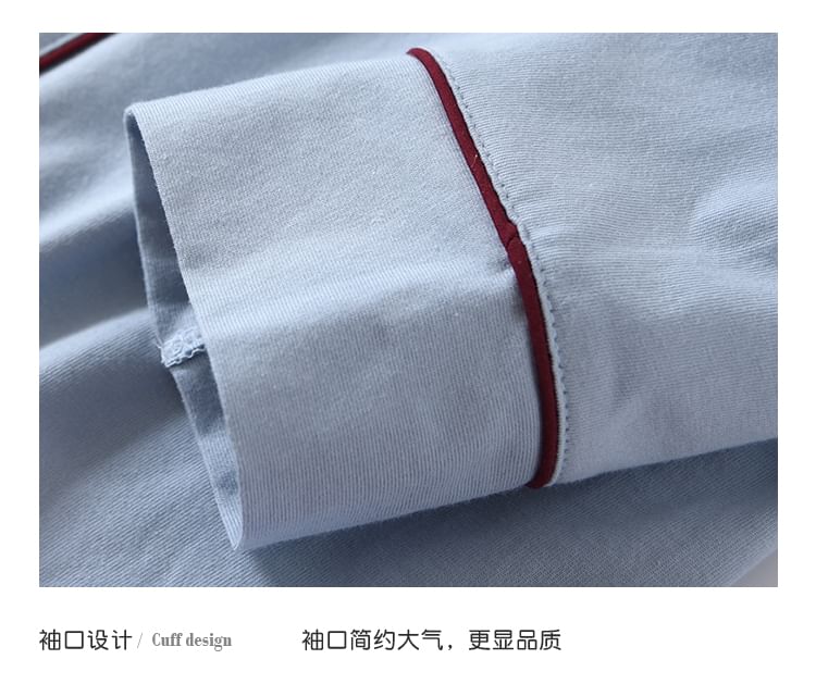 Couple Matching Pajama Set: Long-Sleeve Collar Contrast Trim Button Top + Pants