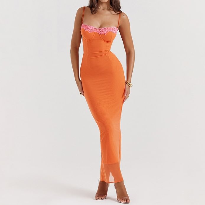 Lace Trimmed Bodycon Maxi Dress - Thin Straps