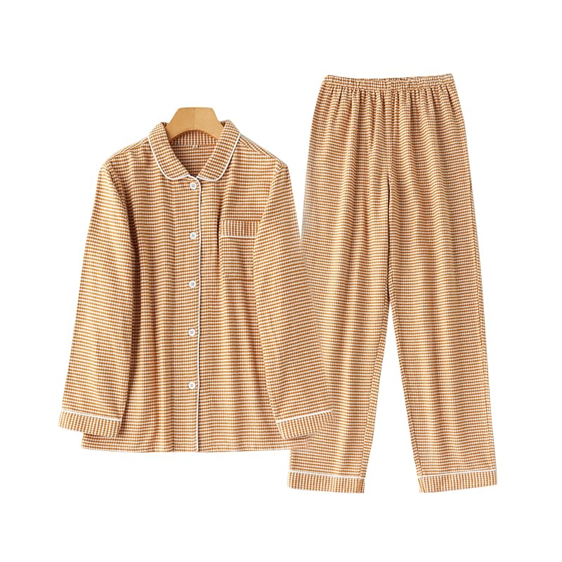 Couple Matching Pajama Set: Long-Sleeve Collared Houndstooth Button-Up Top + Pants (Various Designs)