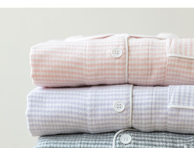 Couple Matching Pajama Set: Long-Sleeve Collared Houndstooth Button-Up Top + Pants (Various Designs)