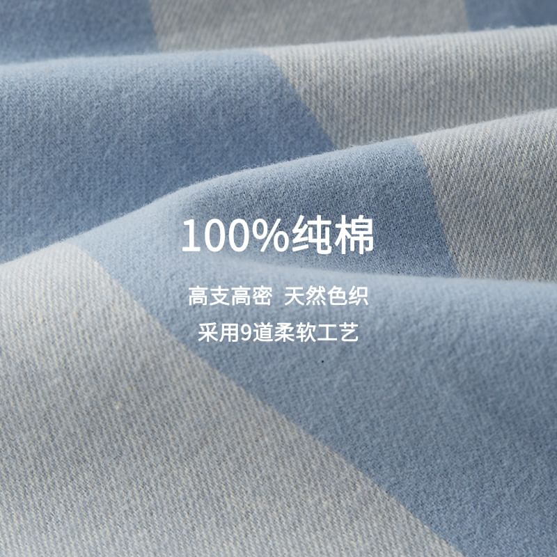 Couple Matching Pajama Set: Long-Sleeve Lapel Collar Striped Embroidered Button-Up Top + Pants (Various Designs)