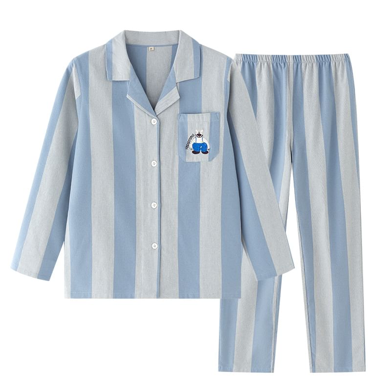 Couple Matching Pajama Set: Long-Sleeve Lapel Collar Striped Embroidered Button-Up Top + Pants (Various Designs)