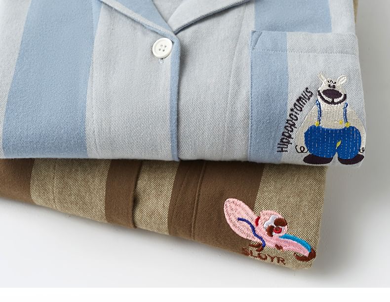 Couple Matching Pajama Set: Long-Sleeve Lapel Collar Striped Embroidered Button-Up Top + Pants (Various Designs)