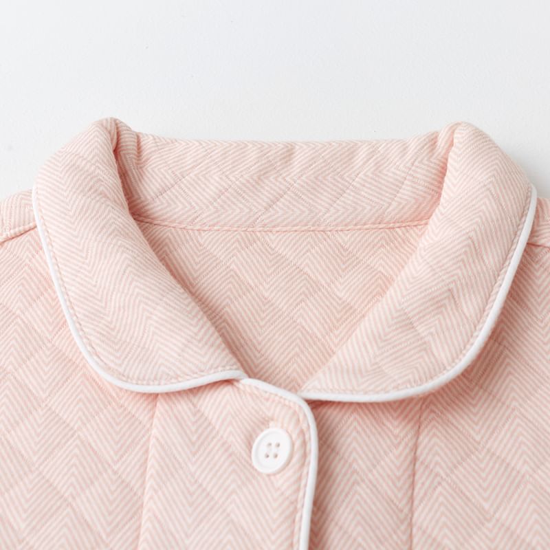 Couple Matching Pajama Set: Long-Sleeve Collared Zig Zag Quilted Button-Up Top + Pants (Various Designs)