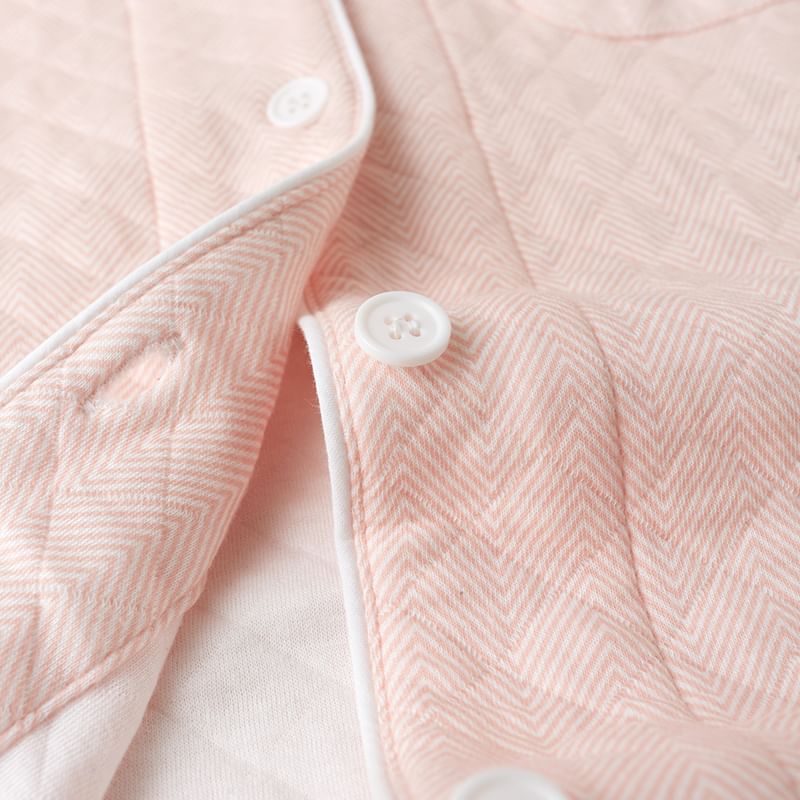 Couple Matching Pajama Set: Long-Sleeve Collared Zig Zag Quilted Button-Up Top + Pants (Various Designs)