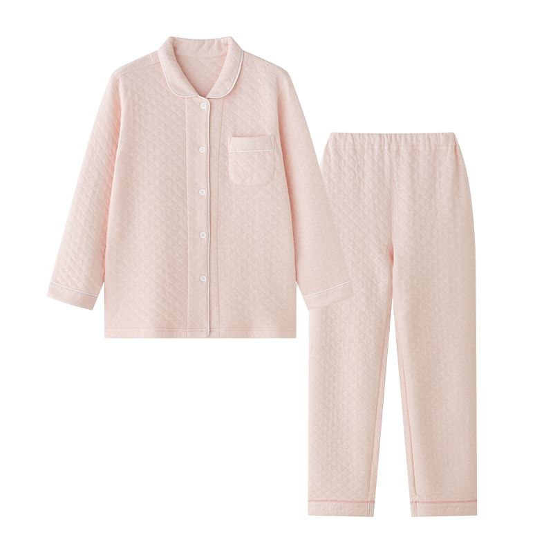 Couple Matching Pajama Set: Long-Sleeve Collared Zig Zag Quilted Button-Up Top + Pants (Various Designs)