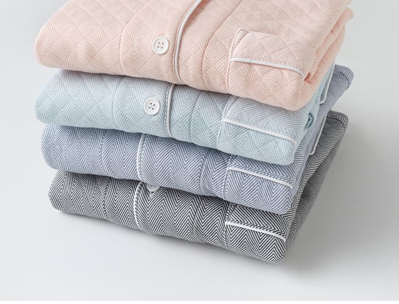 Couple Matching Pajama Set: Long-Sleeve Collared Zig Zag Quilted Button-Up Top + Pants (Various Designs)