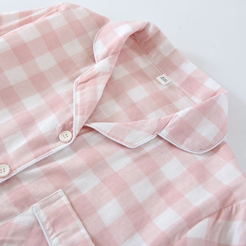 Couple Matching Pajama Set: Long-Sleeve Collared Plaid Shirt + Elastic Waist Straight Leg Pants