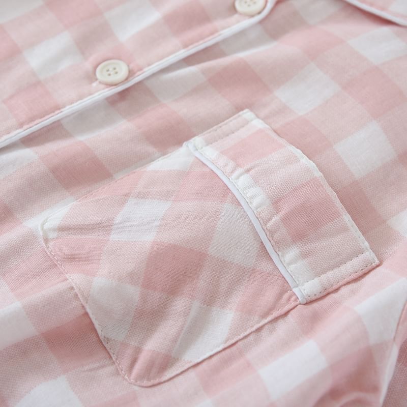 Couple Matching Pajama Set: Long-Sleeve Collared Plaid Shirt + Elastic Waist Straight Leg Pants