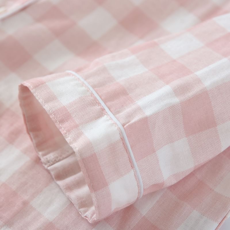 Couple Matching Pajama Set: Long-Sleeve Collared Plaid Shirt + Elastic Waist Straight Leg Pants