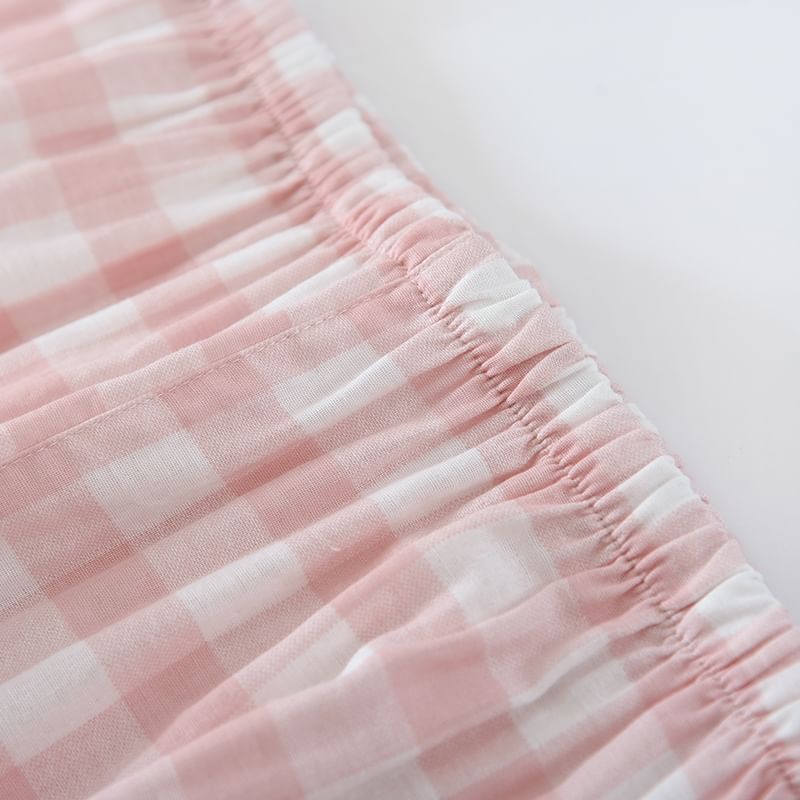 Couple Matching Pajama Set: Long-Sleeve Collared Plaid Shirt + Elastic Waist Straight Leg Pants