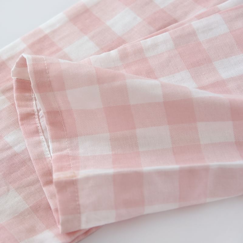 Couple Matching Pajama Set: Long-Sleeve Collared Plaid Shirt + Elastic Waist Straight Leg Pants