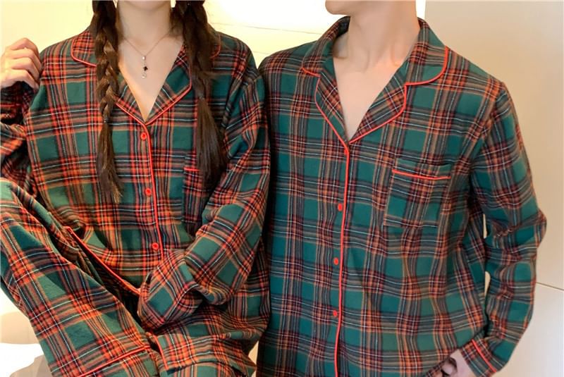 Couple Matching Pajama Set: Long-Sleeve Lapel Collar Plaid Button-Up Top + Pants