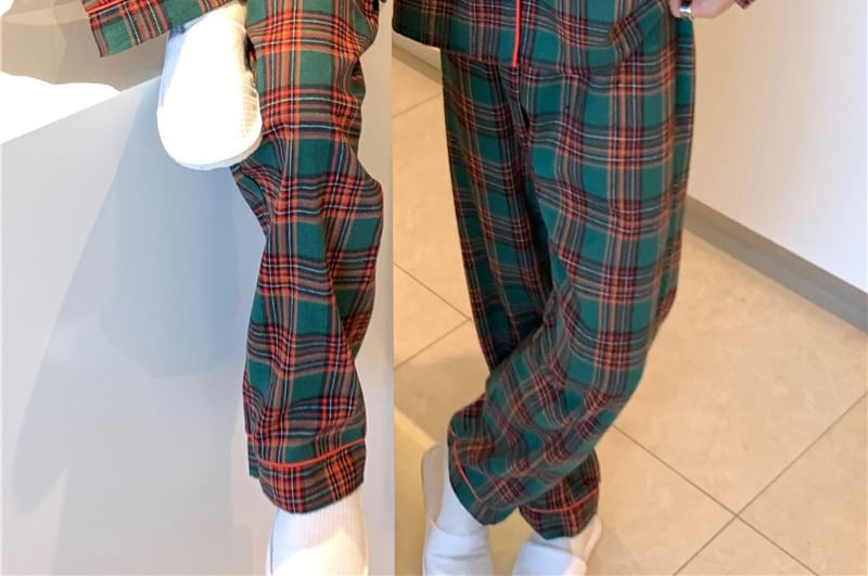 Couple Matching Pajama Set: Long-Sleeve Lapel Collar Plaid Button-Up Top + Pants