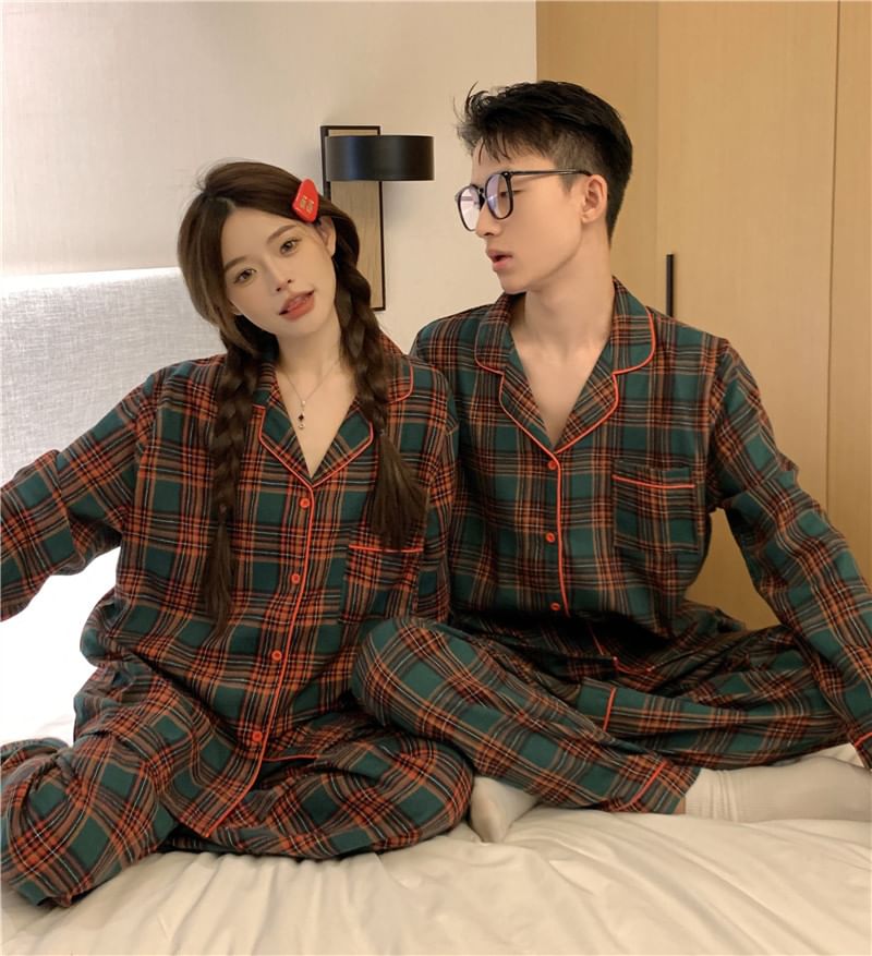 Couple Matching Pajama Set: Long-Sleeve Lapel Collar Plaid Button-Up Top + Pants