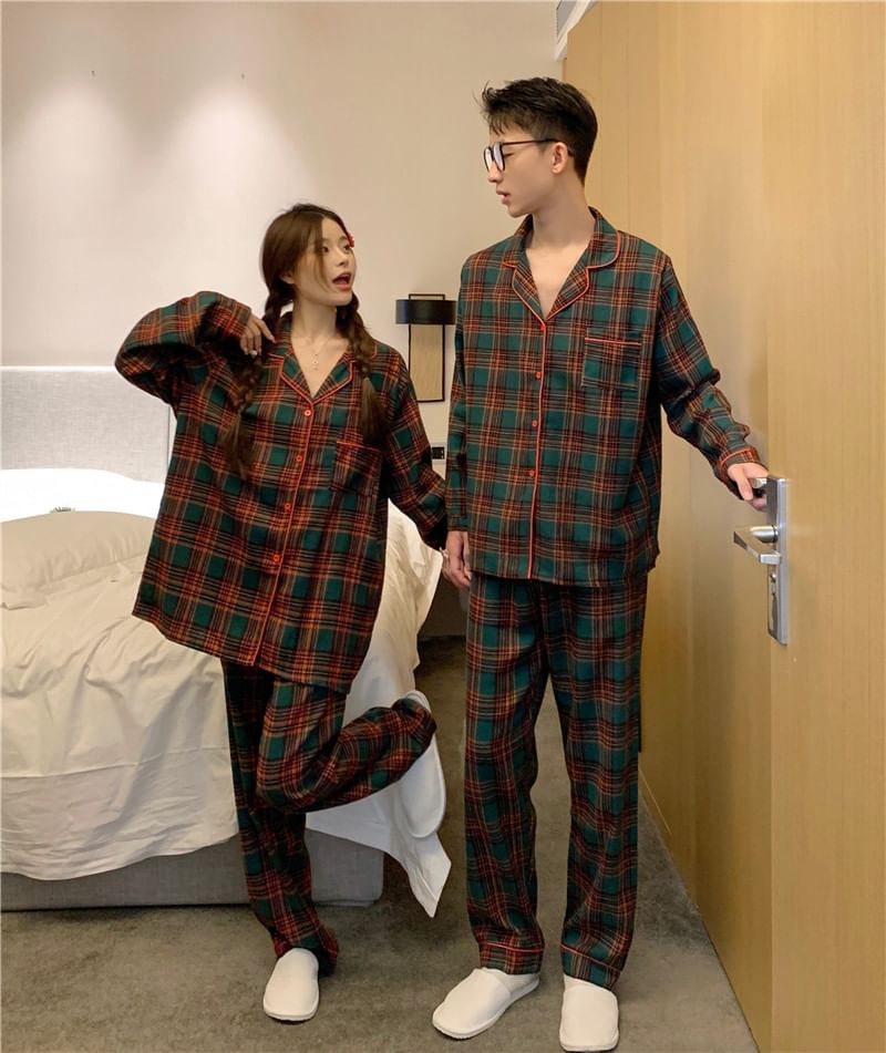 Couple Matching Pajama Set: Long-Sleeve Lapel Collar Plaid Button-Up Top + Pants
