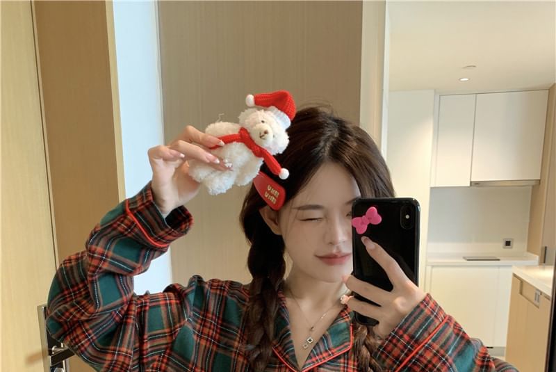 Couple Matching Pajama Set: Long-Sleeve Lapel Collar Plaid Button-Up Top + Pants