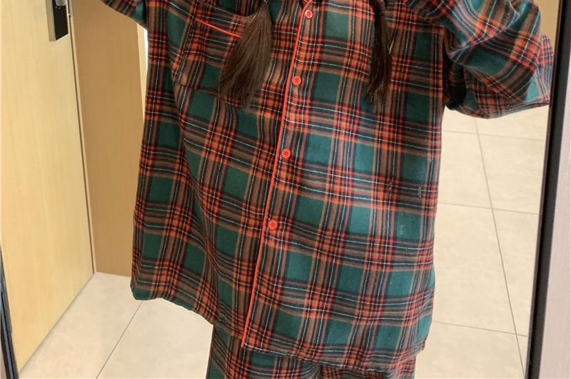 Couple Matching Pajama Set: Long-Sleeve Lapel Collar Plaid Button-Up Top + Pants