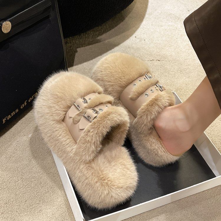 Fleece Buckled Platform Sandals