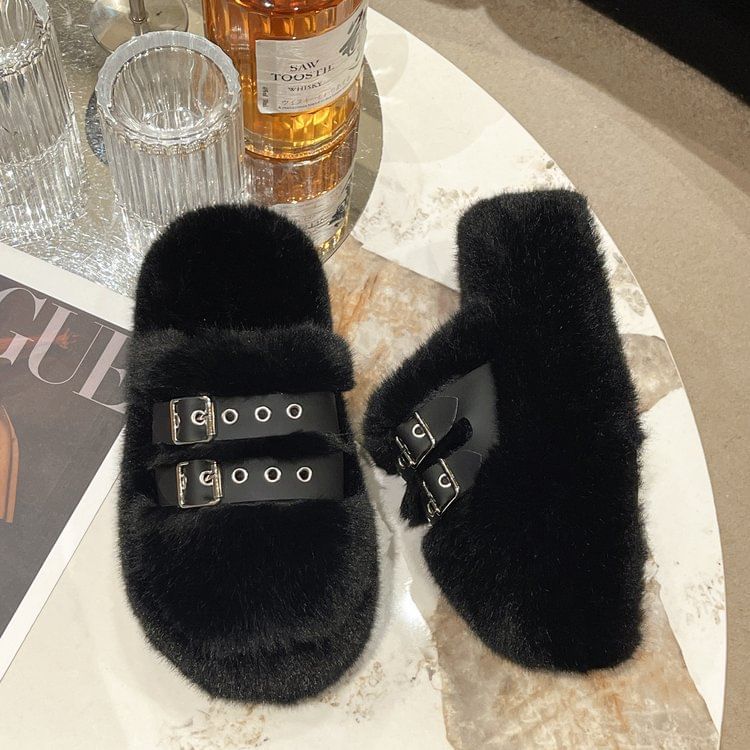 Fleece Buckled Platform Sandals