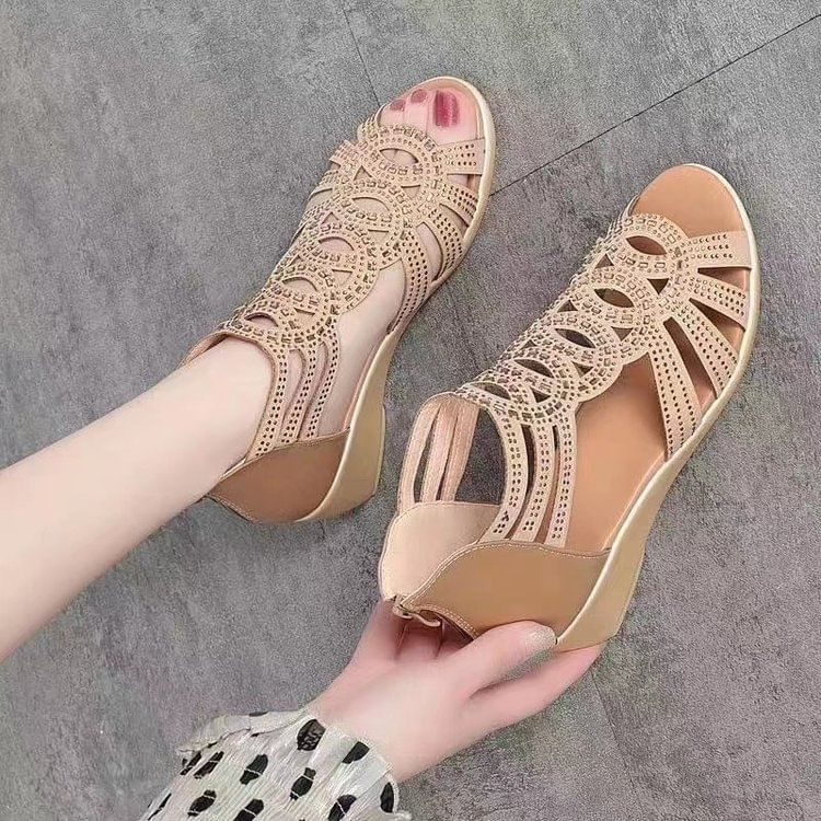 Low Heel Glitter Perforated Sandals