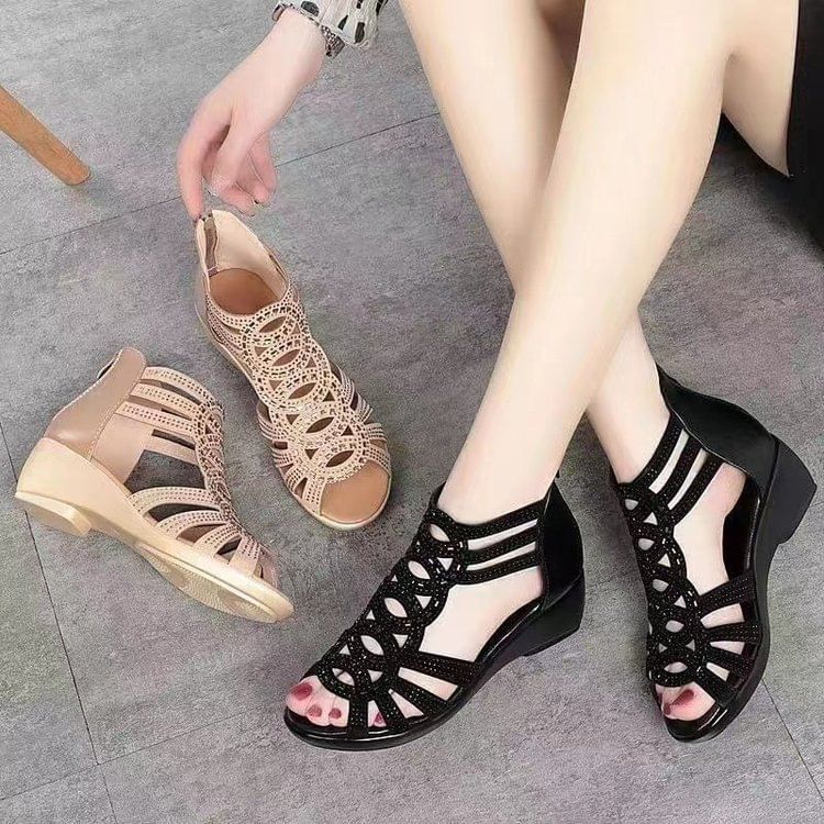 Low Heel Glitter Perforated Sandals