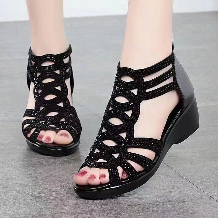 Low Heel Glitter Perforated Sandals